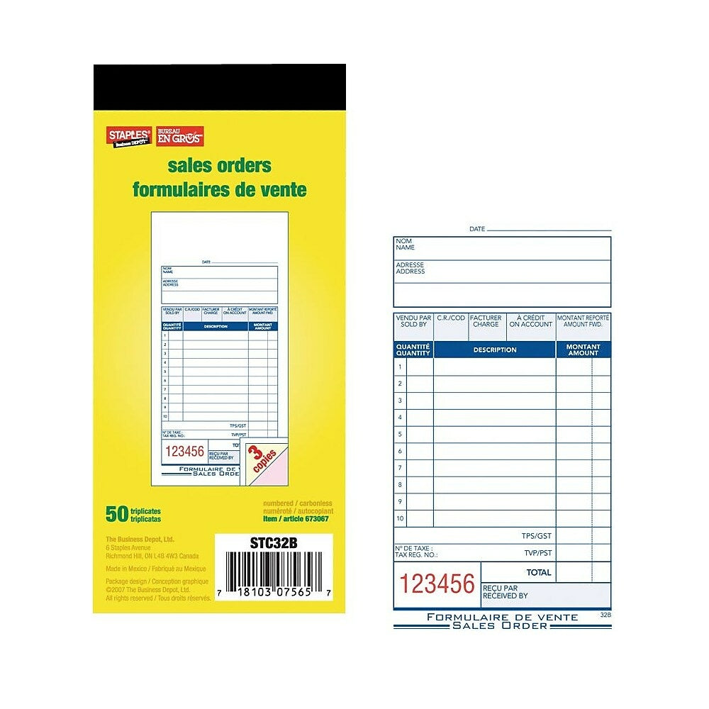 Staples Bilingual Sales Order Form - Triplicates - Carbonless - Staple Bound - 3" x 7" - 50 Forms