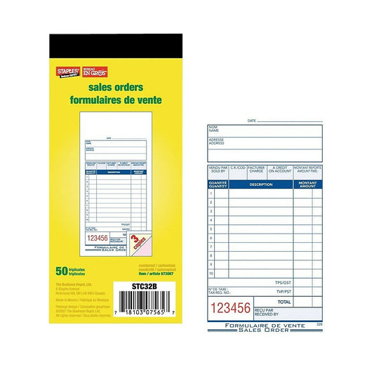 Staples Bilingual Sales Order Form - Triplicates - Carbonless - Staple Bound - 3" x 7" - 50 Forms