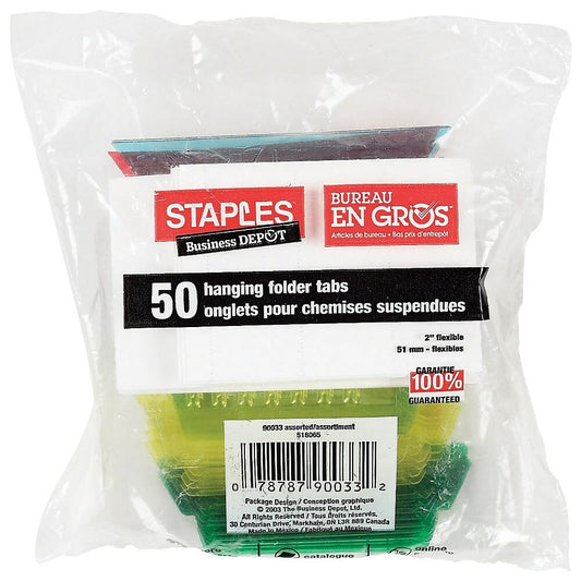 Onglets assortis pour dossiers suspendus Staples - 2 po - paquet de 50
