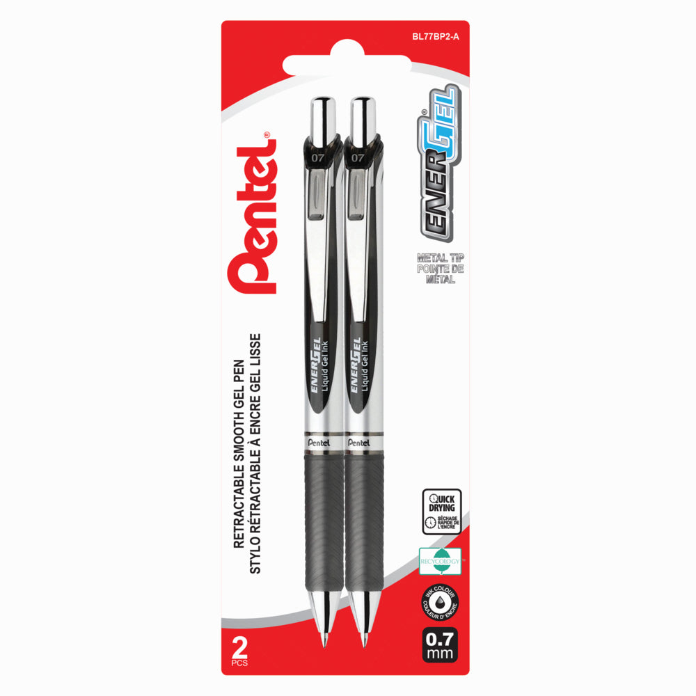 Pentel EnerGel Liquid Gel Pens, Retractable, 0.7mm, Black, 2 Pack