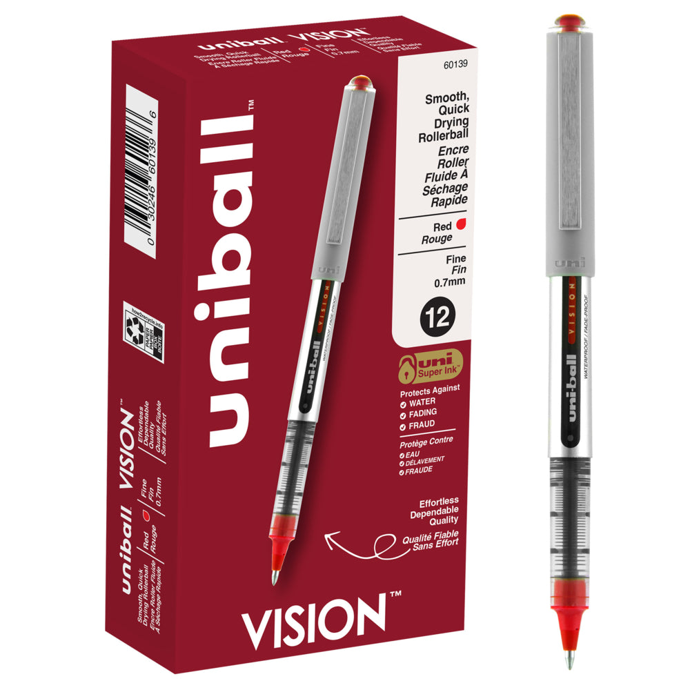 Stylos roller Uni-Ball Vision - Pointe fine (0,7 mm) - Rouge - Lot de 12