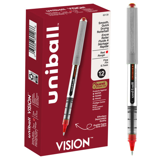 Stylos roller Uni-Ball Vision - Pointe fine (0,7 mm) - Rouge - Lot de 12