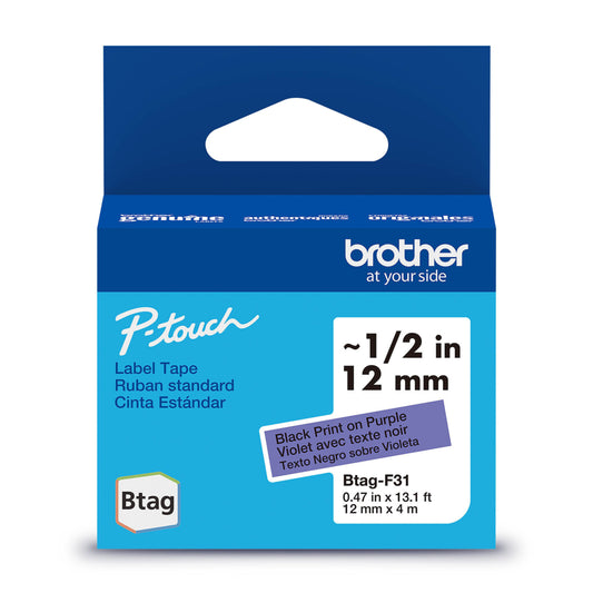 Brother Genuine BTAGF31 Label Tape for P-touch Label Makers - Black on Purple - 12 mm W x 4 m L