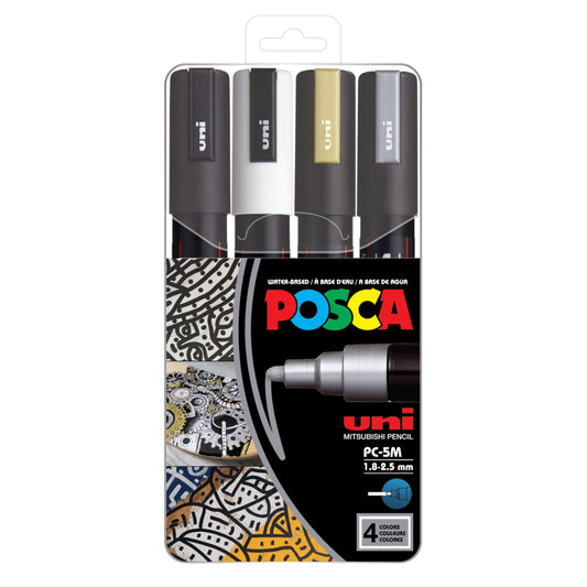 Posca Water-Based Paint Markers - Reversible Medium Tip (1.8-2.5mm) - Assorted Colors - 4 Pack