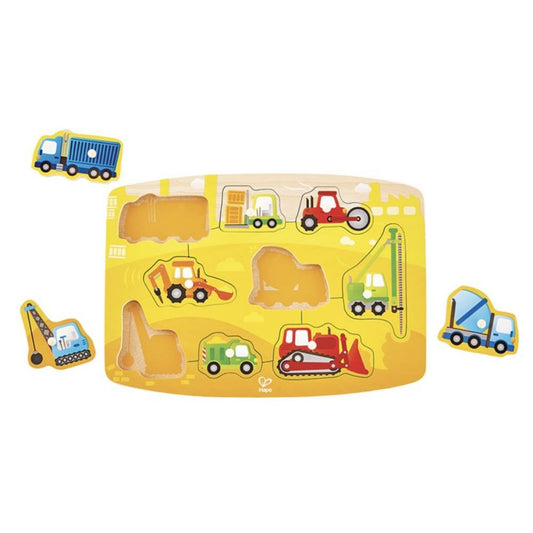 Hape Construction Vehicles Peg Puzzle, 11.6"L, 0.7"W, 8.2"H, 10/Set
