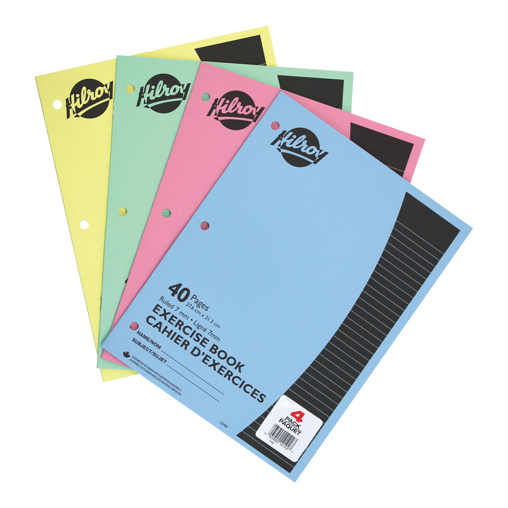 Hilroy 3-Hole Stitched Exercise Book - 10-7/8" x 8-3/8" - Assorted Colours - 40 Pages - 20 Sheets - 4 Pack