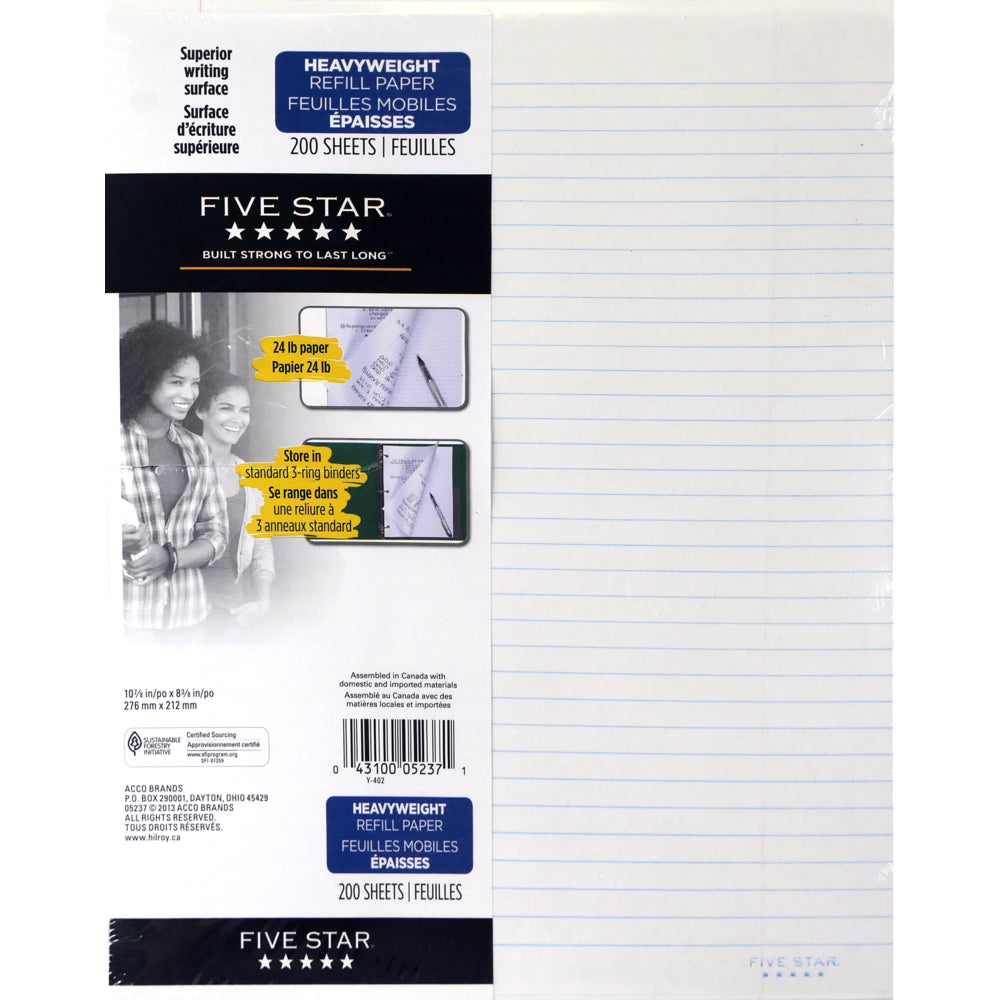 Recharge de papier épais Five Star, blanc ligné, 27,7 cm x 21,5 cm, 200 feuilles