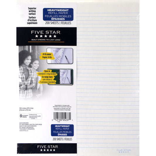 Recharge de papier épais Five Star, blanc ligné, 27,7 cm x 21,5 cm, 200 feuilles