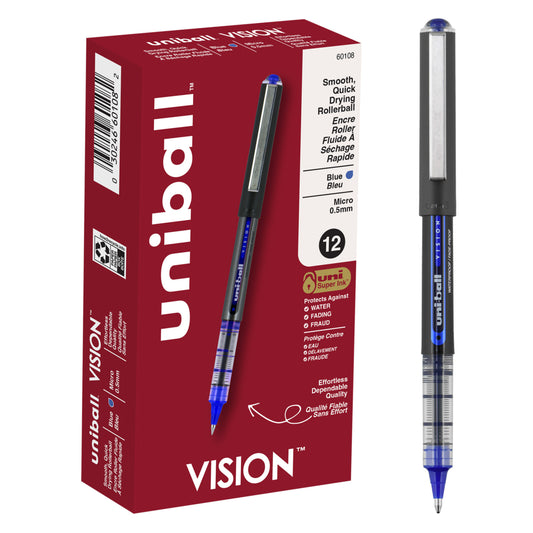 uni-ball Vision Rollerball Pens - 0.5mm - Blue - 12 Pack
