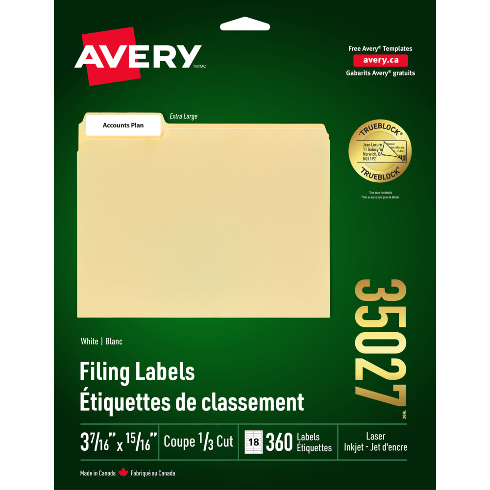 Avery TrueBlock White Laser/Inkjet Extra-Large File Folder Labels, 3-7/16" x 15/16", 360 Pack (35027)