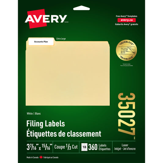 Avery TrueBlock White Laser/Inkjet Extra-Large File Folder Labels, 3-7/16" x 15/16", 360 Pack (35027)