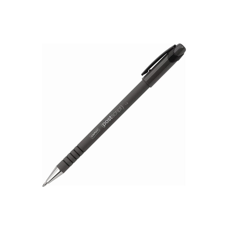 Staples Postscript Rubberized Barrel Stick Pen - Medium Point - 1.0mm - Black Ink - 12 Pack