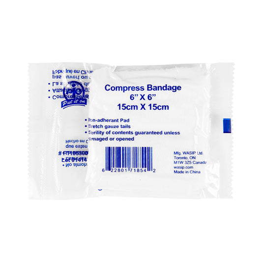 Wasip Compress Bandages - 15cm W x 15cm L - 6 Pack
