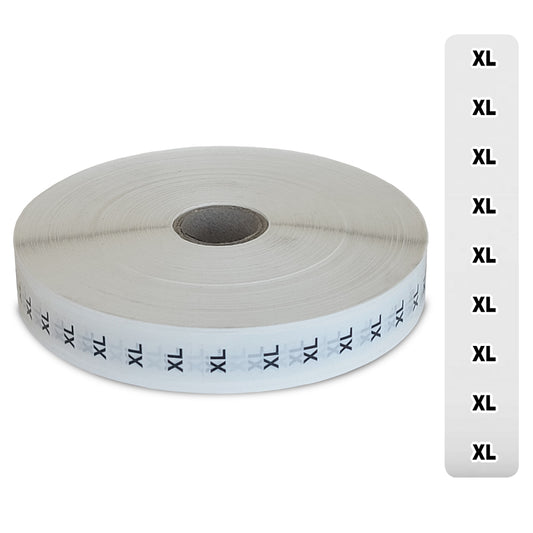 Eddie's Sizer Sticker Strips - XL - Black & White Print on Clear - 3/4"x 4-1/2"  - 1000 Per Roll
