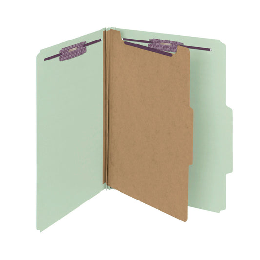 Chemise de classement Smead en carton comprimé avec attaches SafeSHIELD - 1 intercalaire - Extension de 5 cm - Format lettre - Gris/vert - Paquet de 10