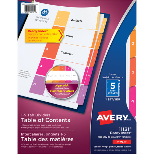 Intercalaires numérotés (1 à 5) Avery Ready Index - Format lettre - 5 onglets