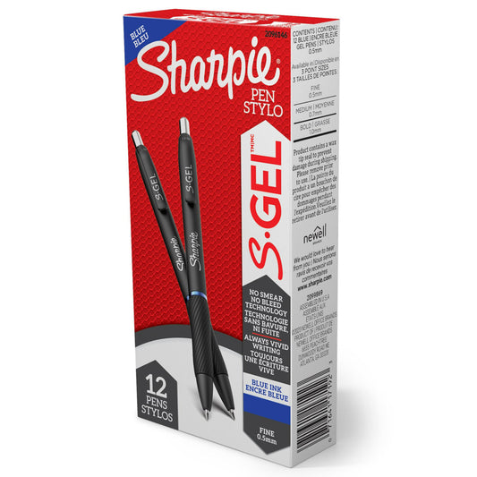 Stylos gel Sharpie S-Gel - Pointe fine - 0,5 mm - Encre bleue - Lot de 12