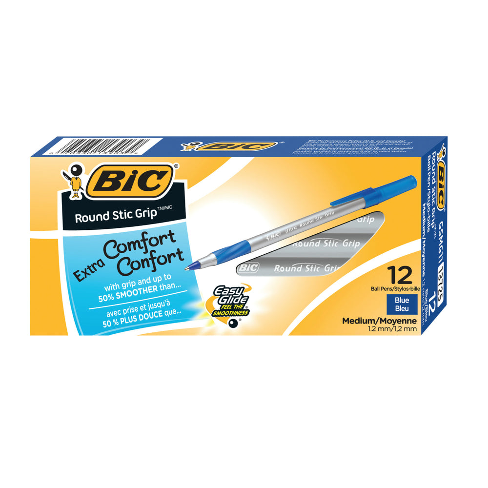 BIC Ultra Round Stic Grip Ballpoint Stick Pens - 1.2mm - Blue - 12 Pack