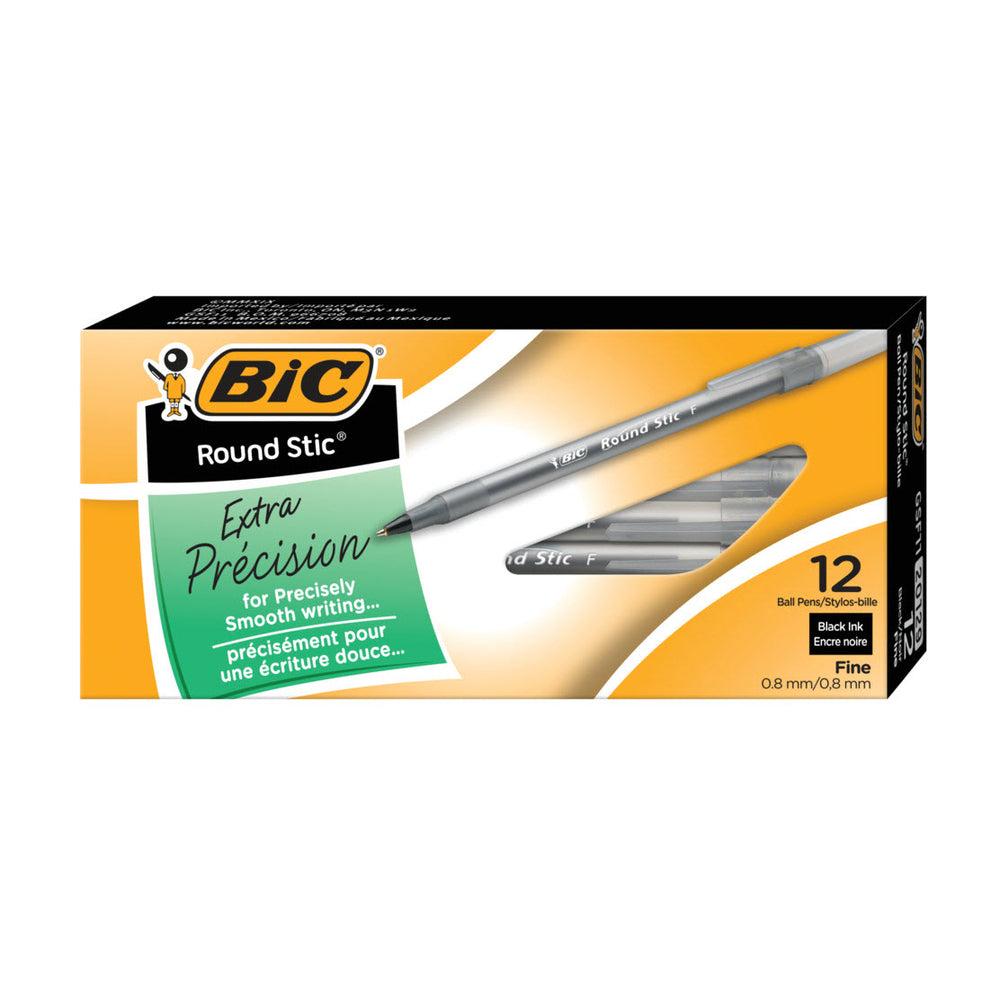BIC Round Stic Extra Value Ballpoint Stick Pens -  Fine Tip -  Black -  12 Pack
