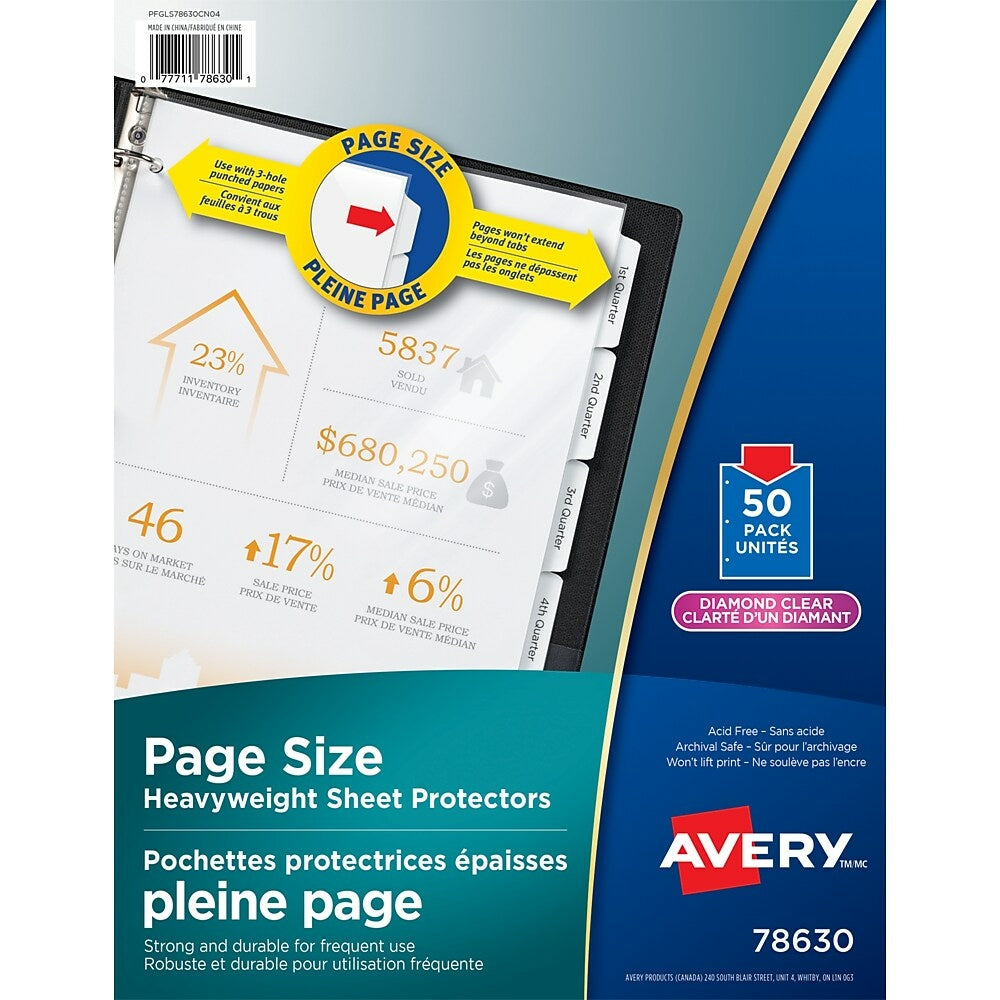 Protège-feuilles Avery, format page, transparent diamant, paquet de 50 (78630)