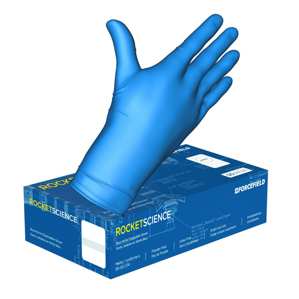 Gants jetables en nitrile ultra-résistants Forcefield Rocket Science – Bleus – Taille L – Paquet de 50