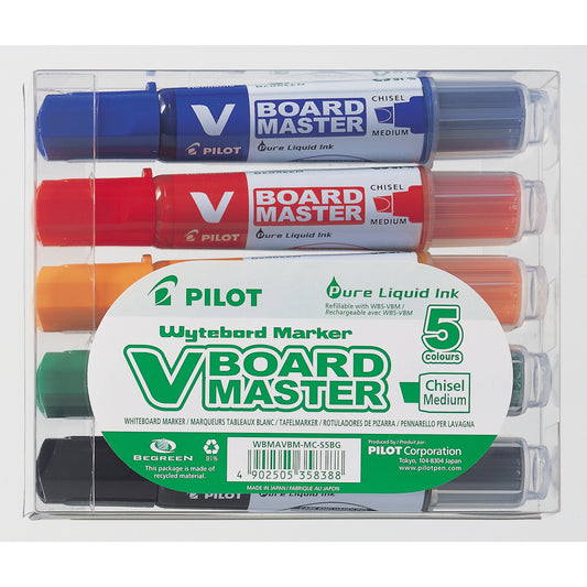 Marqueurs pour tableau blanc Pilot BeGreen V-Board Master - Pointe biseautée - Rechargeables - Couleurs assorties - Lot de 5