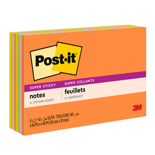 Notes de réunion Post-it Super Sticky - 6" x 4" - Collection Energy Boost - 360 feuilles - Paquet de 8