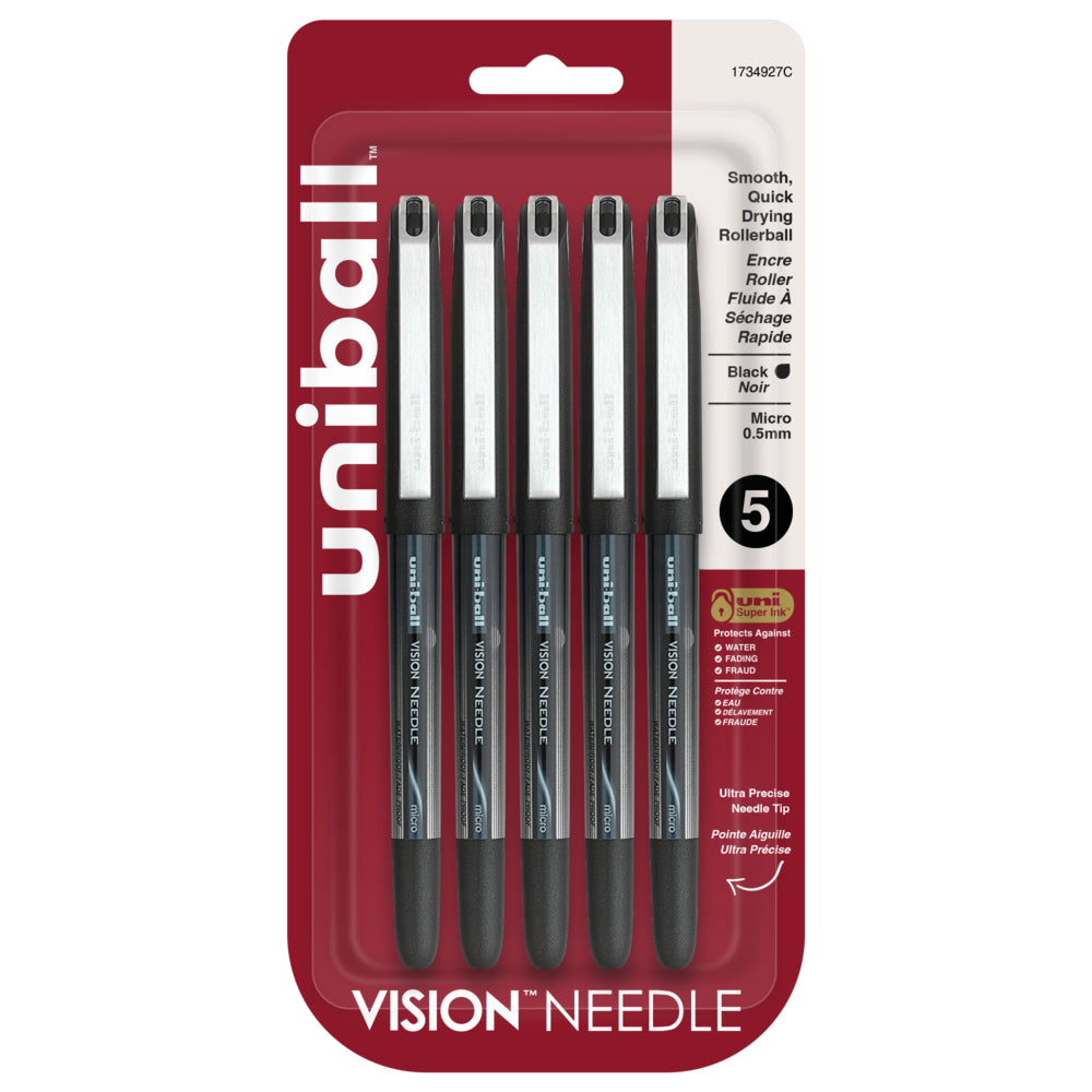 uni-ball Vision Needle Rollerball Pens - Micro Point (0.5mm) - Black - 5 Pack