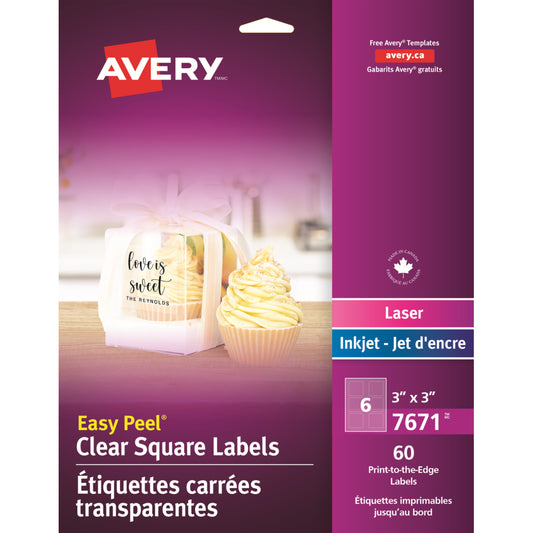 Avery Easy Peel Square Labels - 3" x 3" - Clear - 60 Labels