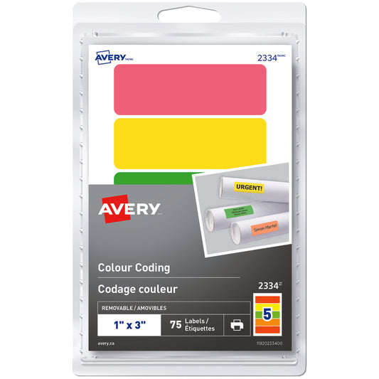 Avery Print or Write Removable Colour-Coding Labels - 1" x 3" - Rectangle - Assorted - 75 Pack