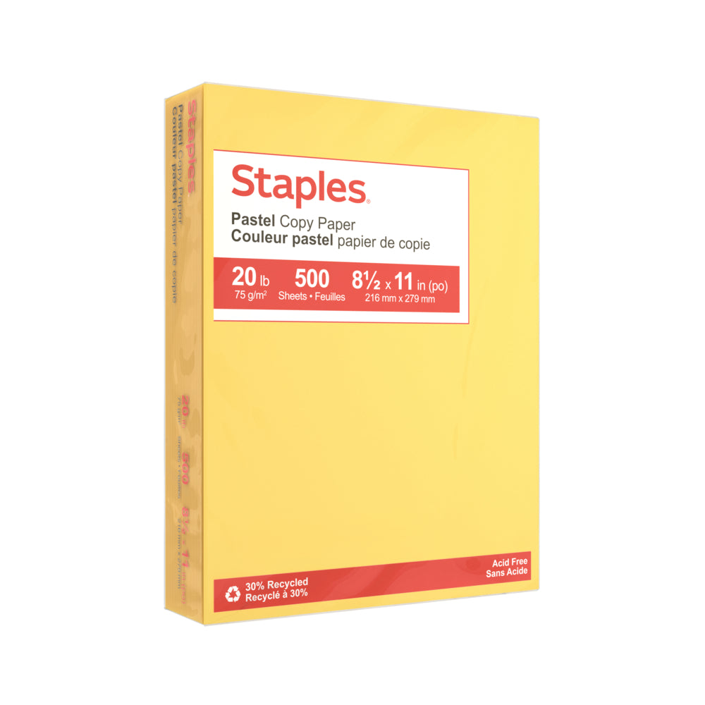Papier photocopie Staples 30 % recyclé couleur pastel - Format lettre - 8-1/2" x 11" - Jaune canari - 500 feuilles