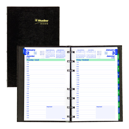 Blueline 2025 MiracleBind Daily Planner Hard Cover Refillable - 8" x 5" - Black - Bilingual