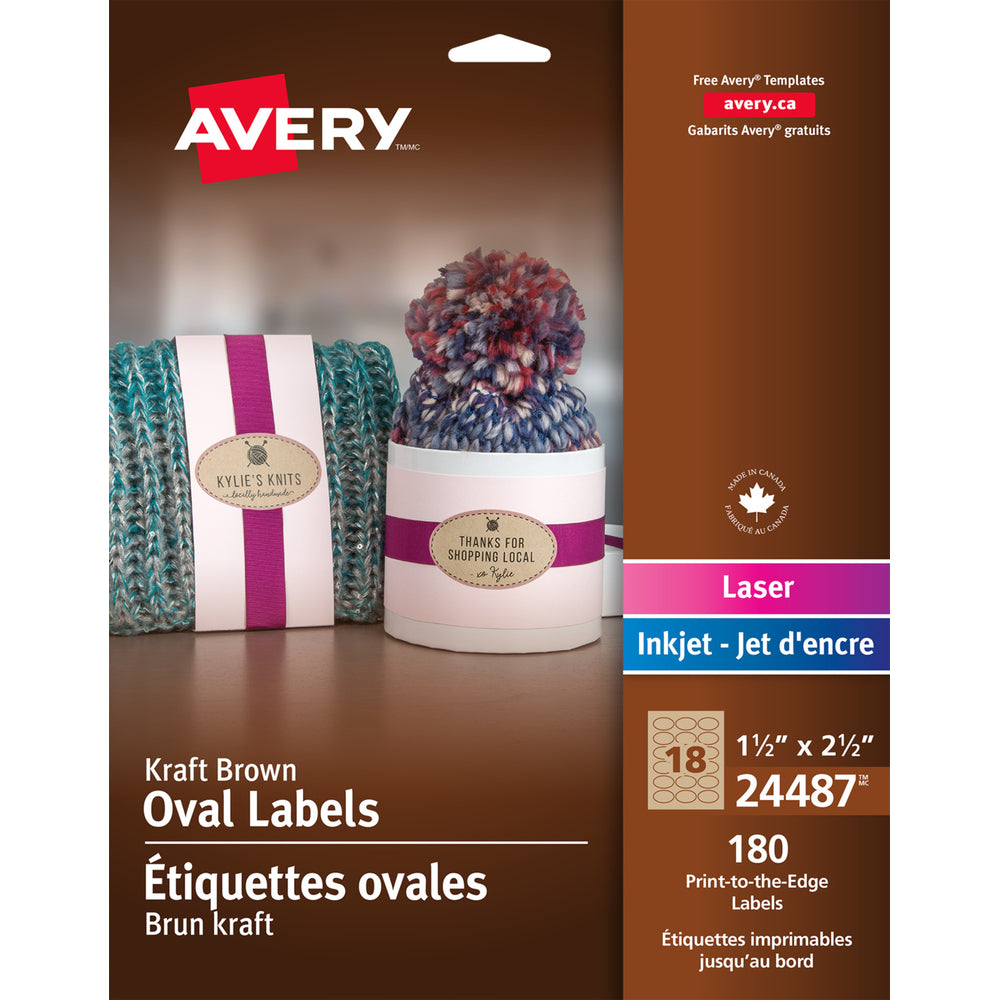 Étiquettes ovales Avery Kraft marron, 1-1/2" x 2-1/2", paquet de 180 (24487)