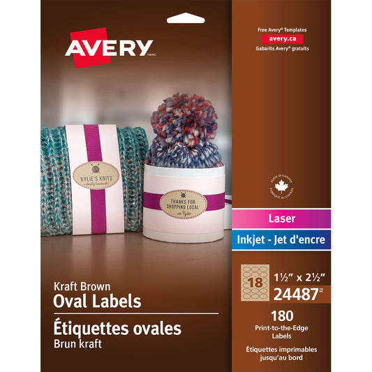 Étiquettes ovales Avery Kraft marron, 1-1/2" x 2-1/2", paquet de 180 (24487)
