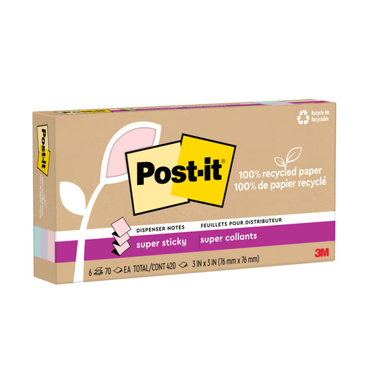 Post-it 100% Recycled Super Sticky Dispenser Notes - 3" x 3" - Wanderlust Pastels Collection - 420 sheets - 6 Pack