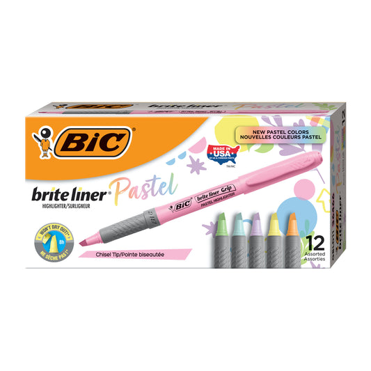 BIC Brite Liner Grip Pastel Highlighters - Chisel Tip - Assorted Colours - 12 Pack