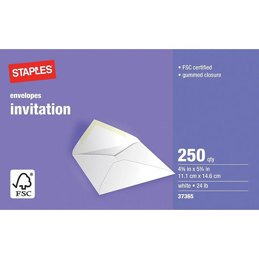 Staples White Invitation Envelopes with Gummed Flaps - 250 Pack