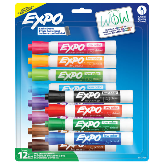 Marqueurs effaçables à sec Expo à faible odeur – Pointe biseautée – Couleurs assorties – Paquet de 12