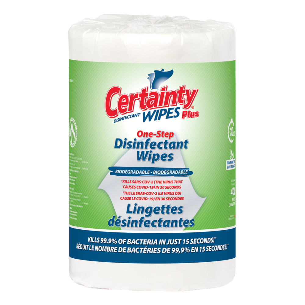 Lingettes désinfectantes biodégradables Certainty Plus - 20,3 x 15,2 cm - 400 lingettes par rouleau - Paquet de 2