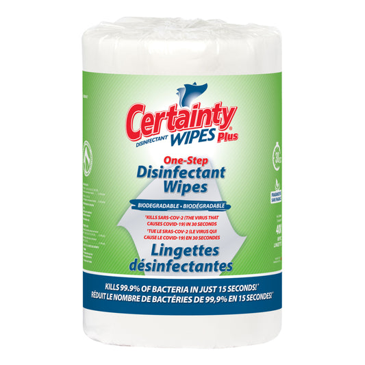Certainty Biodegradable Plus Disinfectant Wipes - 8" x 6" - 400 Wipes per Roll - 2 Pack