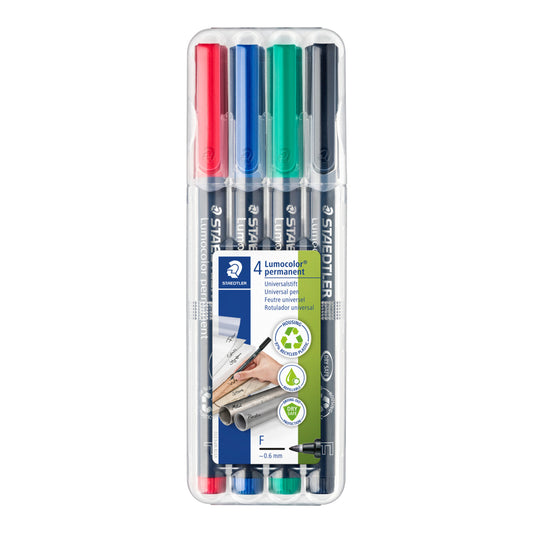 Marqueurs permanents Staedtler Lumocolor Dry-Safe - Pointe fine - Couleurs assorties - Lot de 4