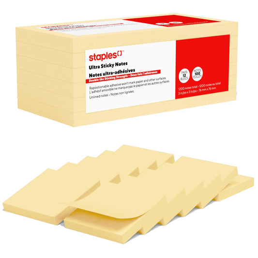 Staples Ultra Sticky Notes - 3" x 3" - Sunshine Collection - 12 Pack
