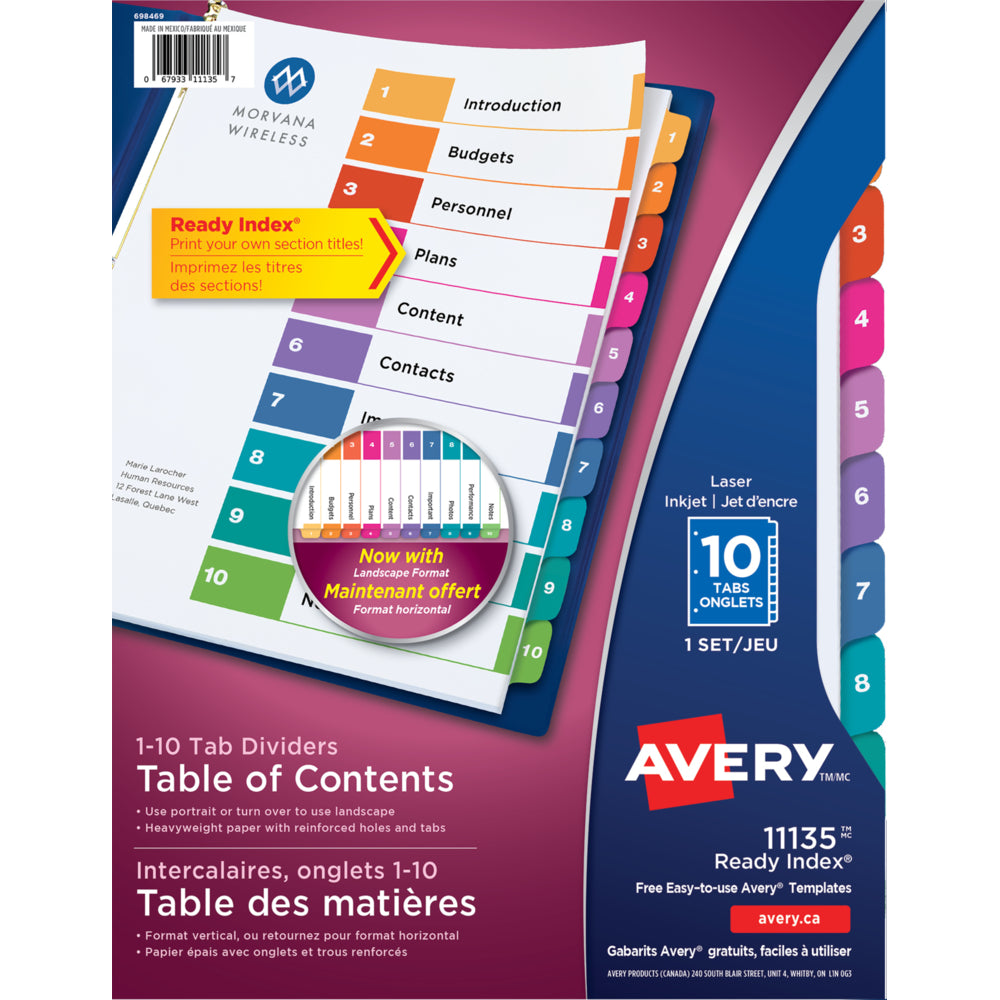 Intercalaires numérotés Avery Ready Index (1 à 10) - Format lettre - 10 onglets