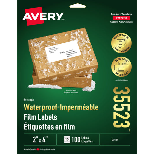 Avery Rectangle Waterproof Film Labels - 2" x 4" - White - 100 Labels