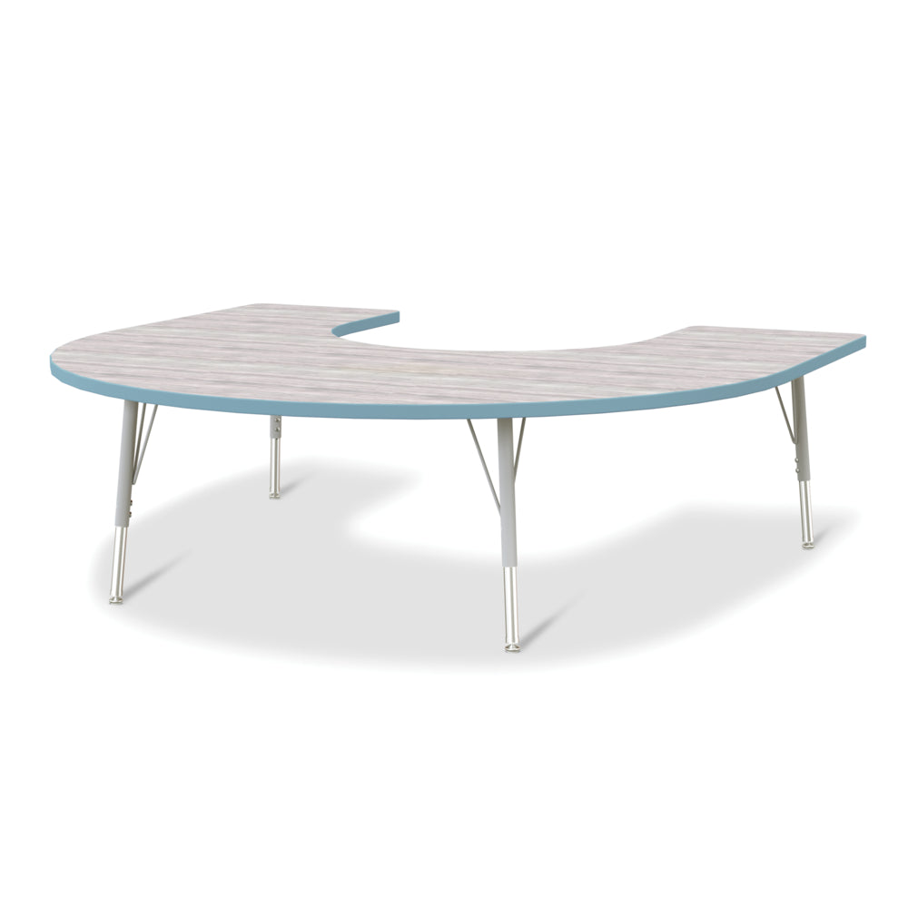 Table d'activités Jonti-Craft Berries en forme de fer à cheval - 152 x 167 cm - 38 à 61 cm de hauteur - Gris bois flotté/Bleu côtier