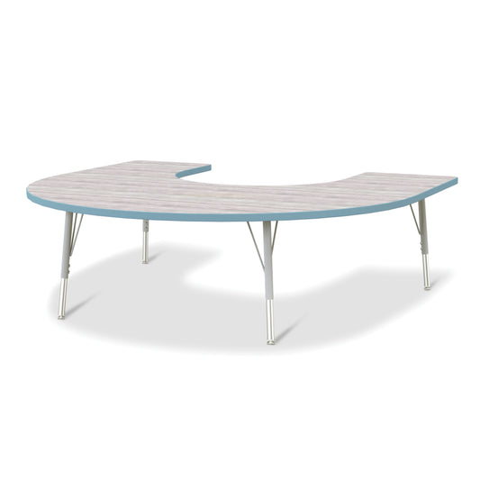 Table d'activités Jonti-Craft Berries en forme de fer à cheval - 152 x 167 cm - 38 à 61 cm de hauteur - Gris bois flotté/Bleu côtier
