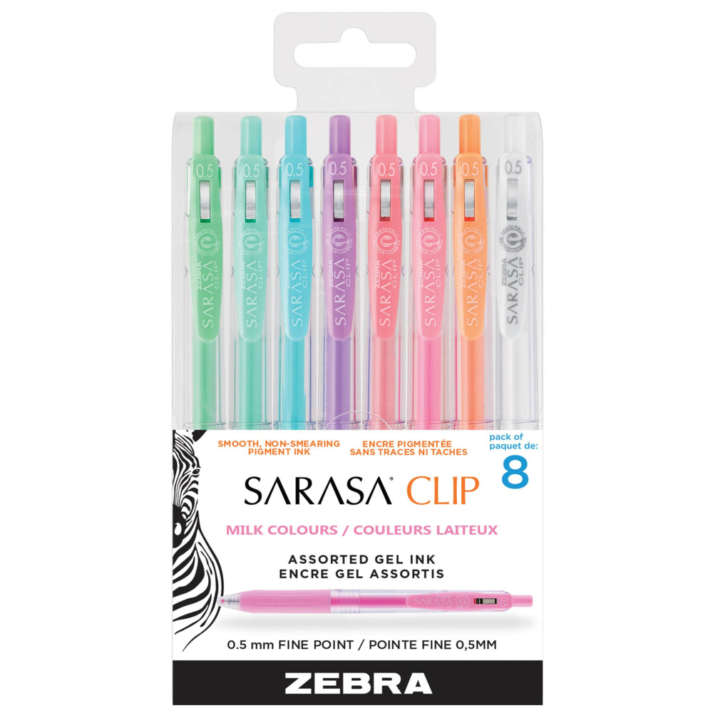 Zebra Sarasa Clip Retractable Gel Pen - Fine point - 0.5 mm - Milk/Pastel - 8 Pack