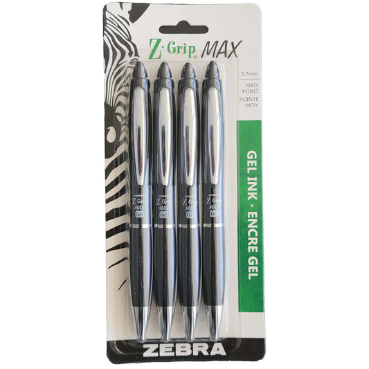 Stylos gel Zebra Z-Grip Max, rétractables, 0,7 mm, noirs, lot de 4