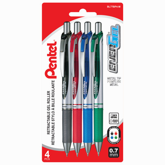 Pentel EnerGel Liquid Gel Pens, Retractable, 0.7mm, Assorted, 4 Pack