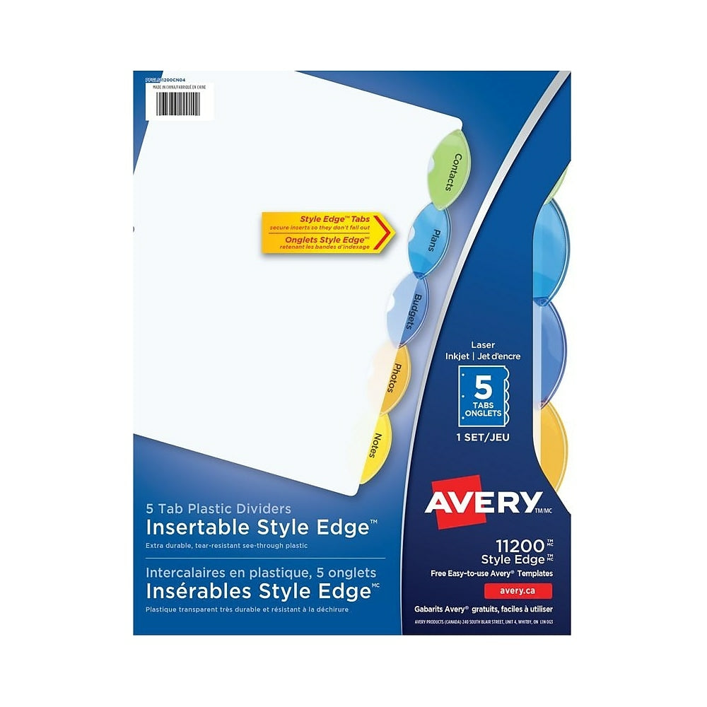 Intercalaires en plastique insérables Avery Style Edge pour imprimantes laser et jet d'encre - 5 onglets - Multicolore